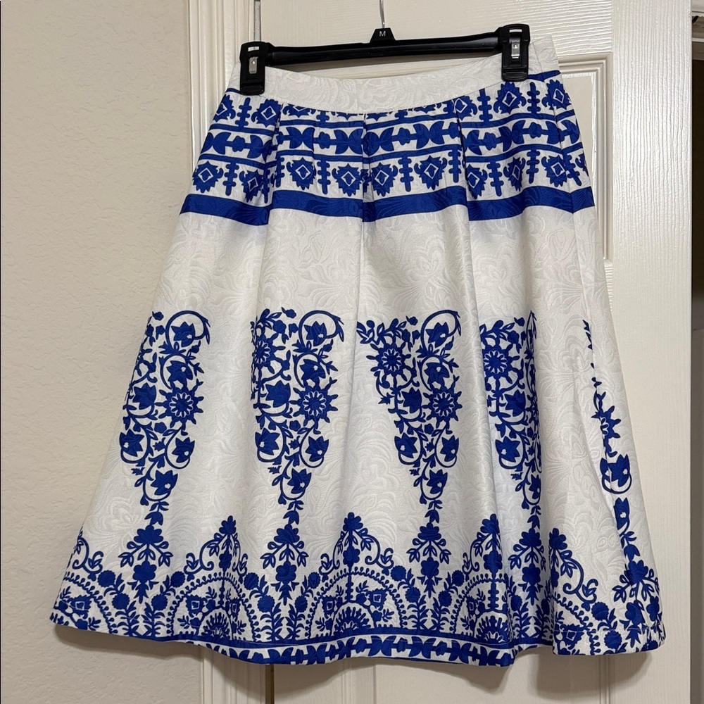 White & Royal Blue Floral A-Line Skirt